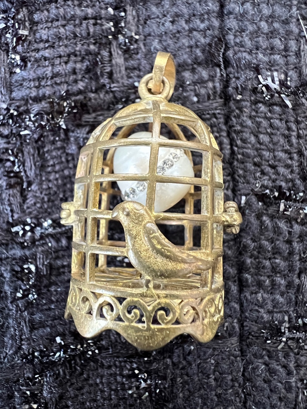 Gold Bird Cage Pendant Necklace Charm - Gold Tone with Pearl Accent